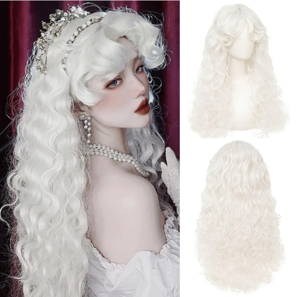 White Long Curly Wig with Bangs for Women Natural Synthetic Hair Heat Resistant Cosplay Halloween