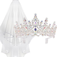 Sparkling Crystal Wedding Tiara and Lace Bridal Veil Set for Bride with Silver Plated Finish