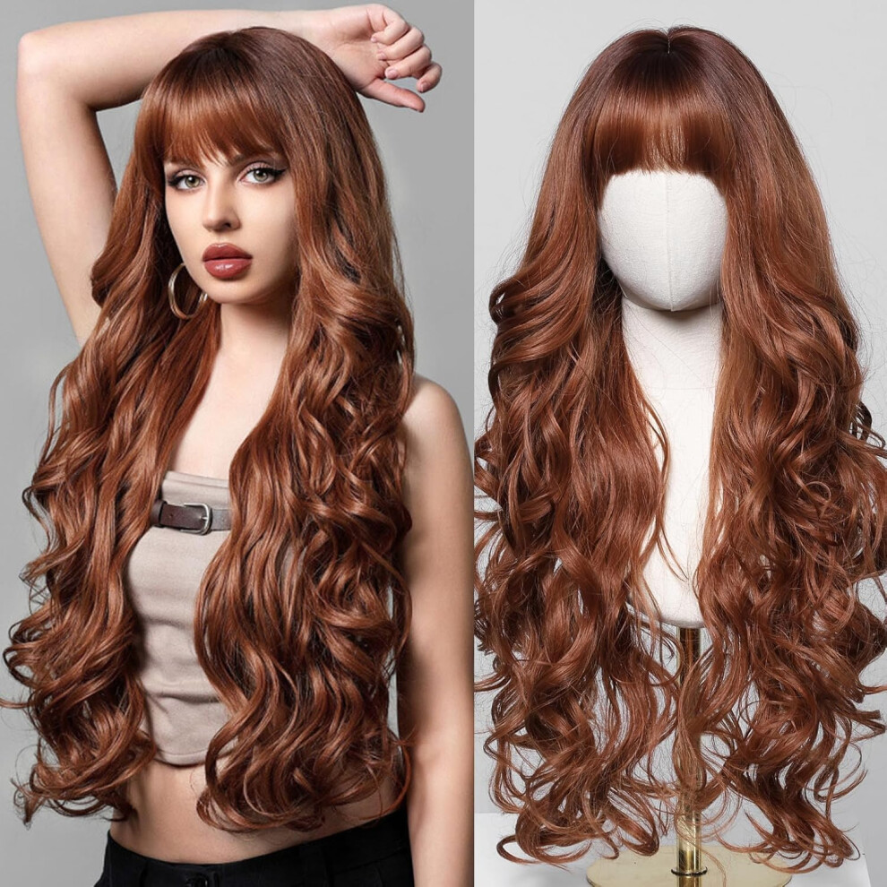 Unisex White,Red Long Auburn Wavy Wig With Bangs For White Women, 30 Inch Heat Resistant Synthetic Red Hair For Daily And Cosplay