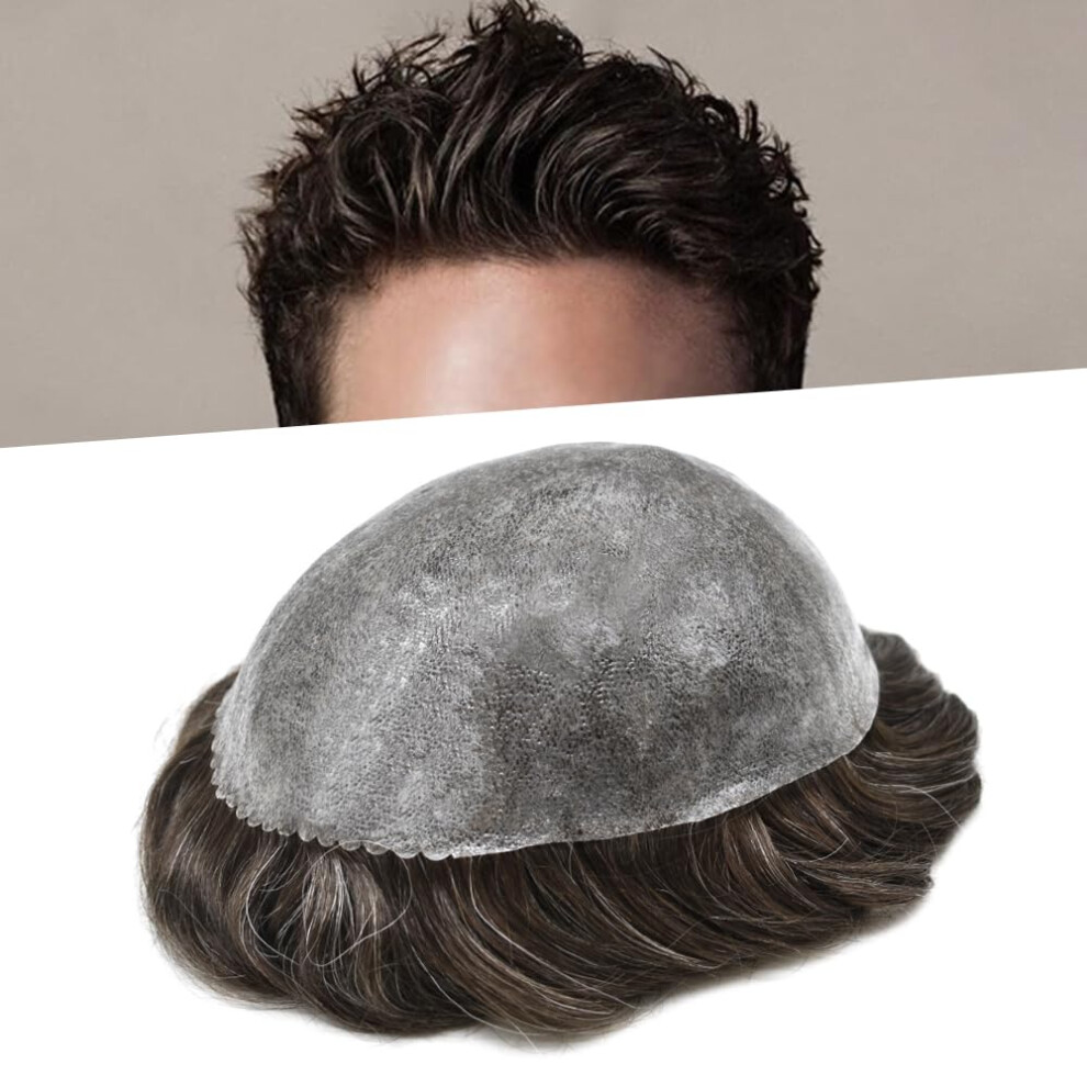Unisex Brown Mens Toupee Full Poly Thin Skin Hairpiece Invisible Hairline Remy Human Hair 8X10 #220 Darkest 20% Gray 120% Density