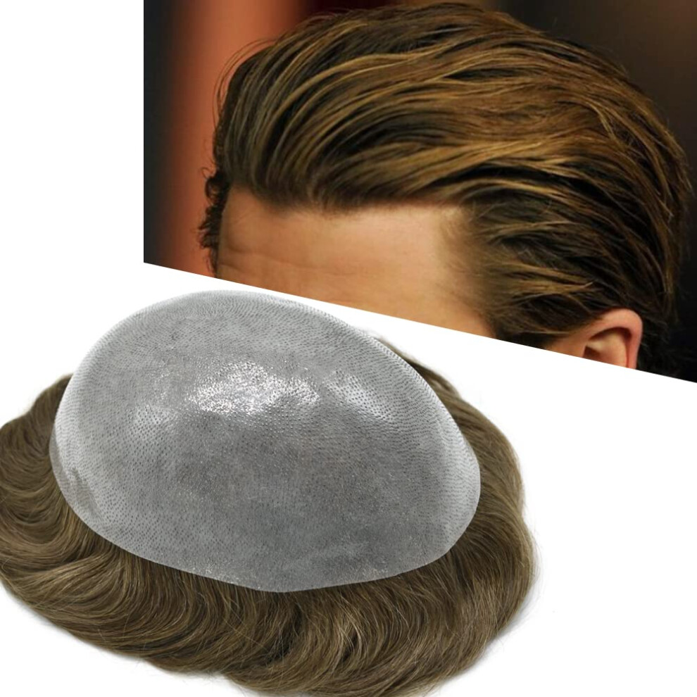 Unisex Light Men's Toupee 8X10 Poly Skin Hair Replacement System Real Human Hair Natural Hairline Medium Density 4R
