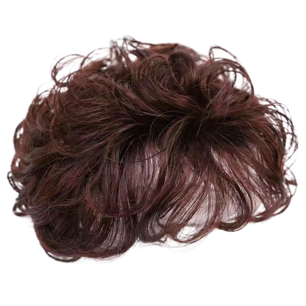 Unisex Brown Curly Synthetic Hair Topper With Bangs 5.1'' Dark Clip In For Natural Volume And Coverage