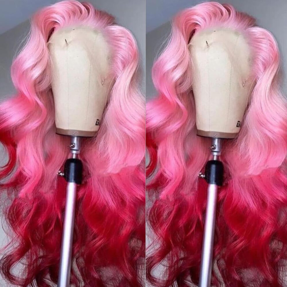 Unisex Pink,Red Ombre Red Pink Lace Front Wig Long Wavy Body Wave Synthetic Hair Heatresistant Natural Hairline
