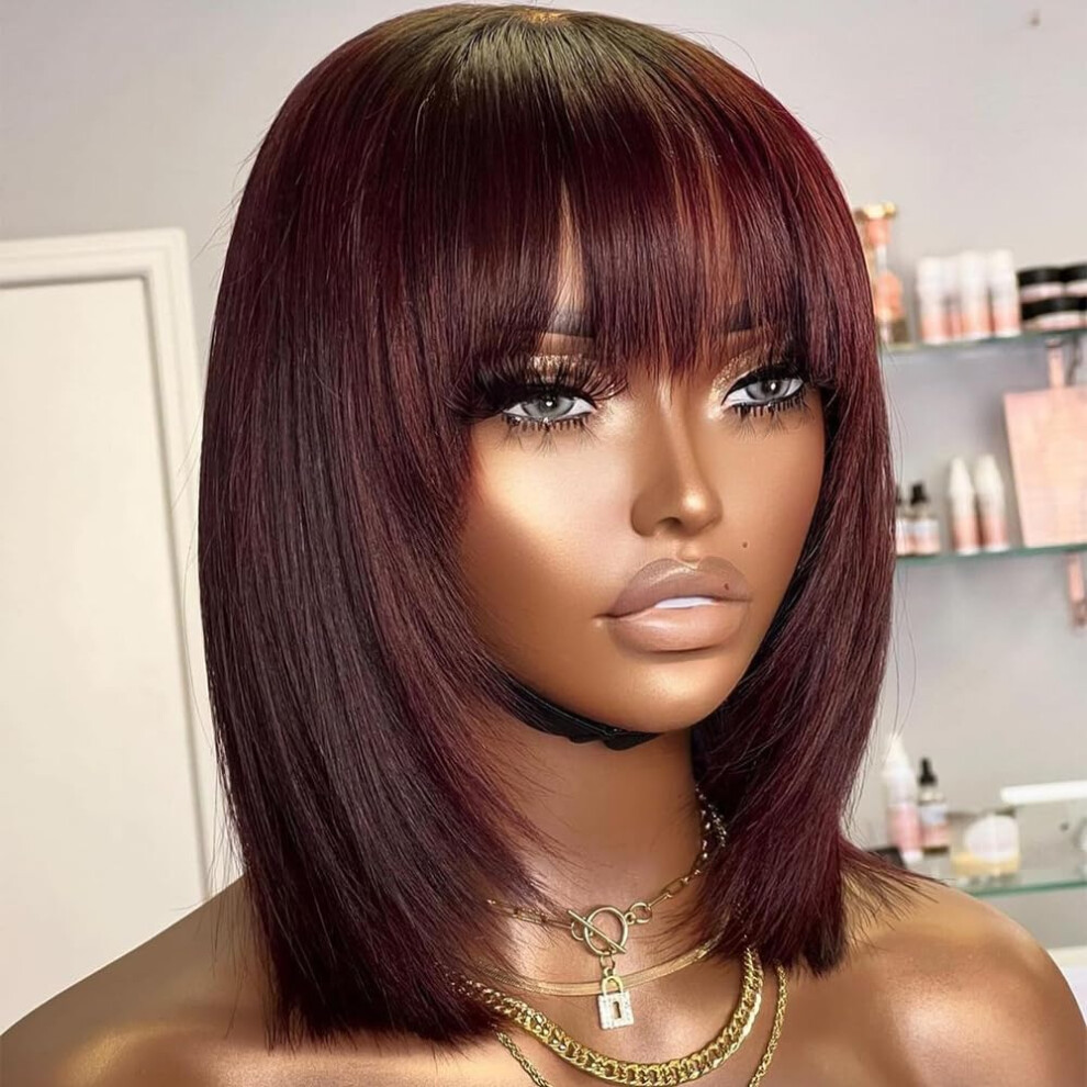 Unisex Red Short Ombre Burgundy Brazilian Remy Human Hair Wig With Bangs, Laye Bob Cut 8Inch 150% Density