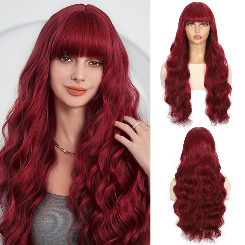 Burgundy Long Curly Wig with Bangs 26 Inch Synthetic Natural Wavy Hair for Women Cosplay Party Daily Use