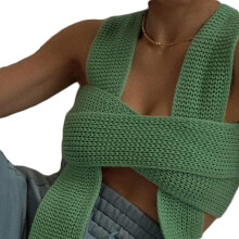 Top scurt reglabil cu halter pentru femei, top scurt tricotat cu bretele autoajustabile, material elastic, fără mâneci, cu umeri goi, aspect liber