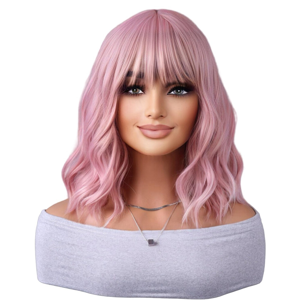 Unisex Pink Short Bob Wig With Bangs 14 Inch Wavy Curly Wig For Women HeatâResistant Realistic Texture