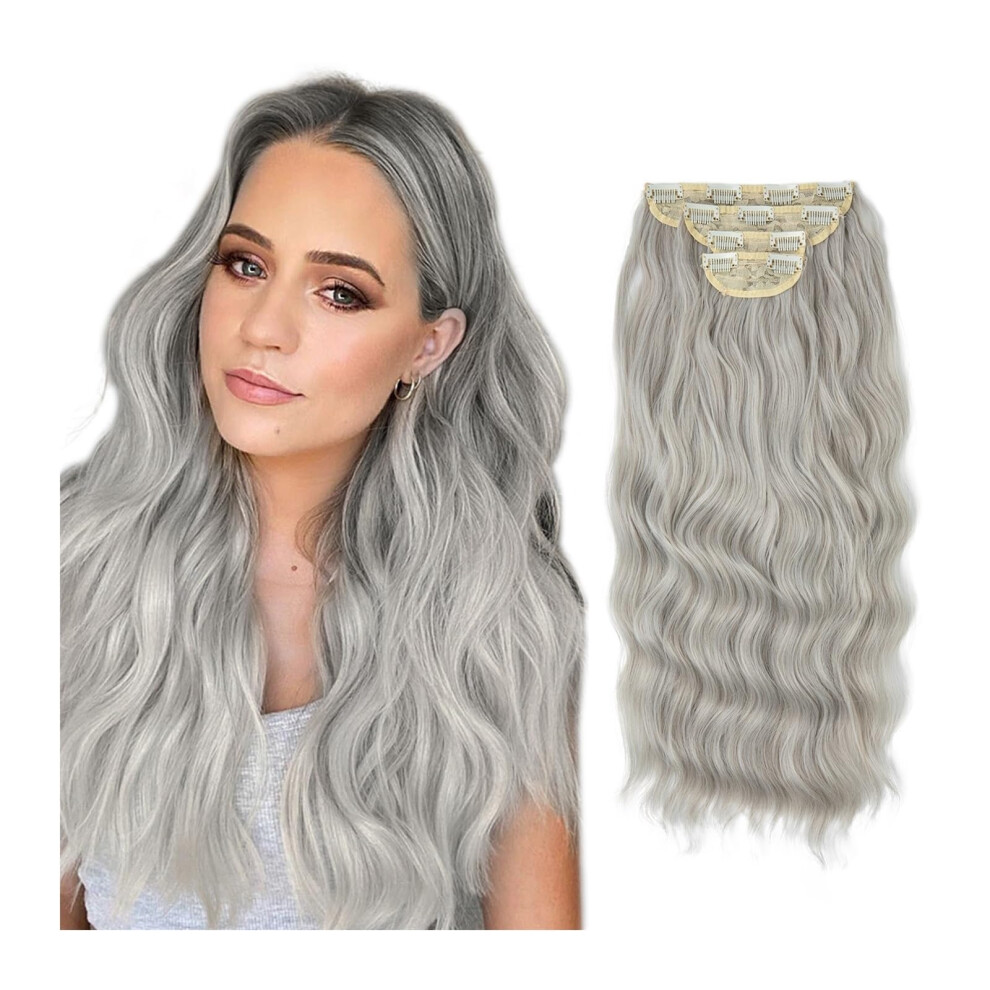 Unisex Silver/Gray 22 Inch Long Wavy Clip In Hair Extensions Synthetic Double Weft Balayage Thick Fiber Hairpieces