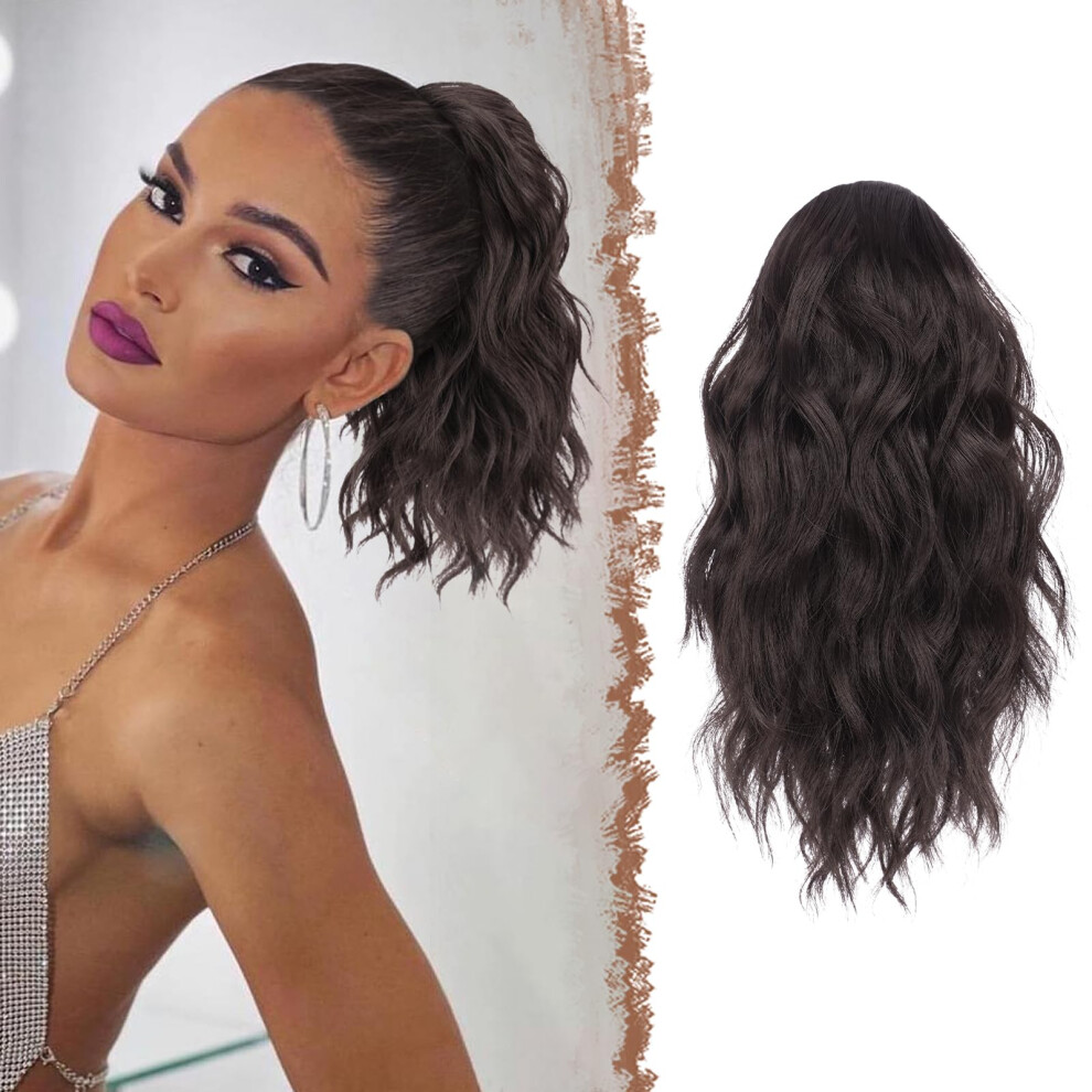 Ponytail Hair Extension Short Wavy Synthetic Curly Hairpiece with Secure Drawstring Fit Dark Brown 12 Inch