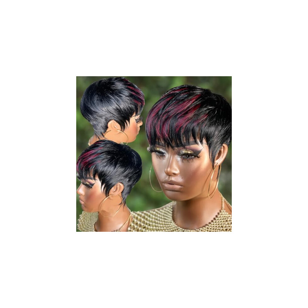 Unisex Black Short Pixie Cut Human Hair Wig For Women, Natural Remy, Glueless, 1B/99J Layered Style