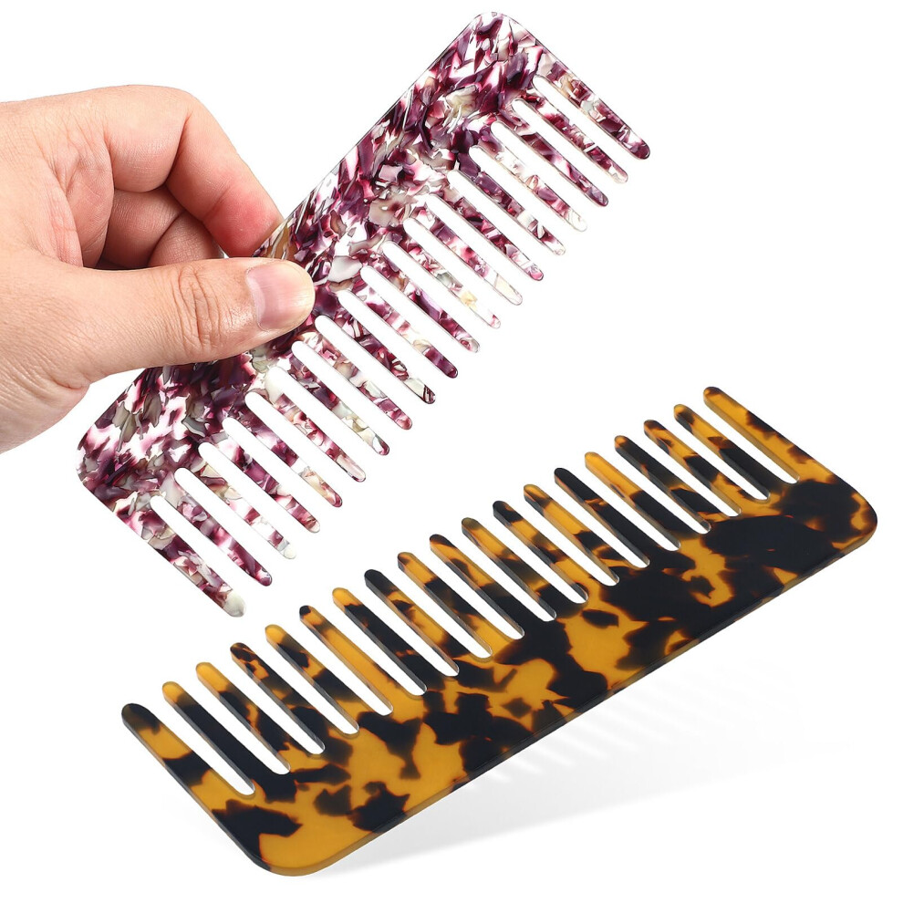 Unisex Wide Tooth Comb Set For Curly Hair, Durable Acetate Tortoise Shell Detangling Combs, 2Pcs