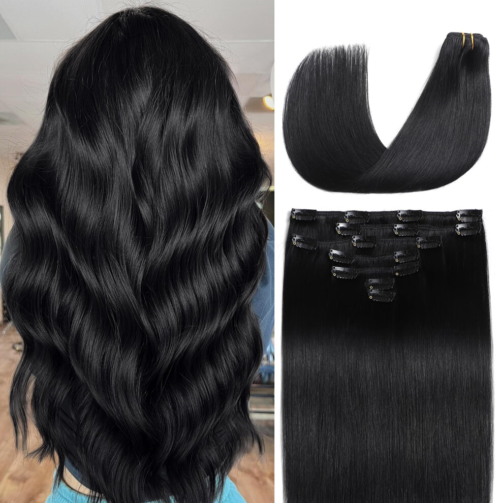 Unisex Black Clip In Human Hair Extensions For Women 16 Inch Remy 7Pcs Double Weft Natural