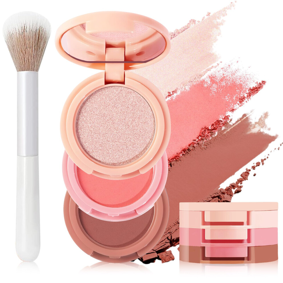 3 in 1 Blush and Highlighter Palette with Brush, Matte Bronzer and Shimmer Glow Travel Makeup Set