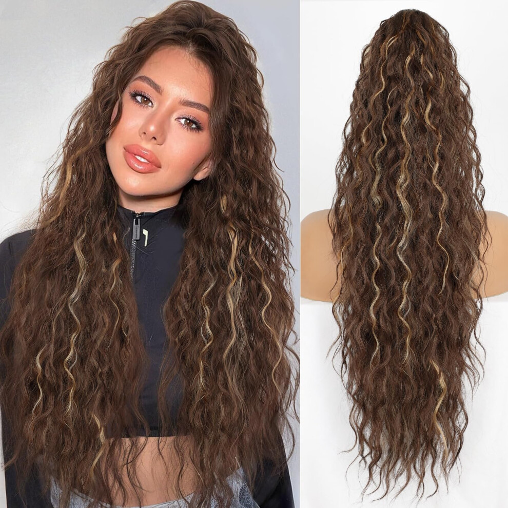 Unisex Brown 76Cm Synthetic Wavy Ponytail Extension Blonde Hairpiece For Instant Length Boost And Volume