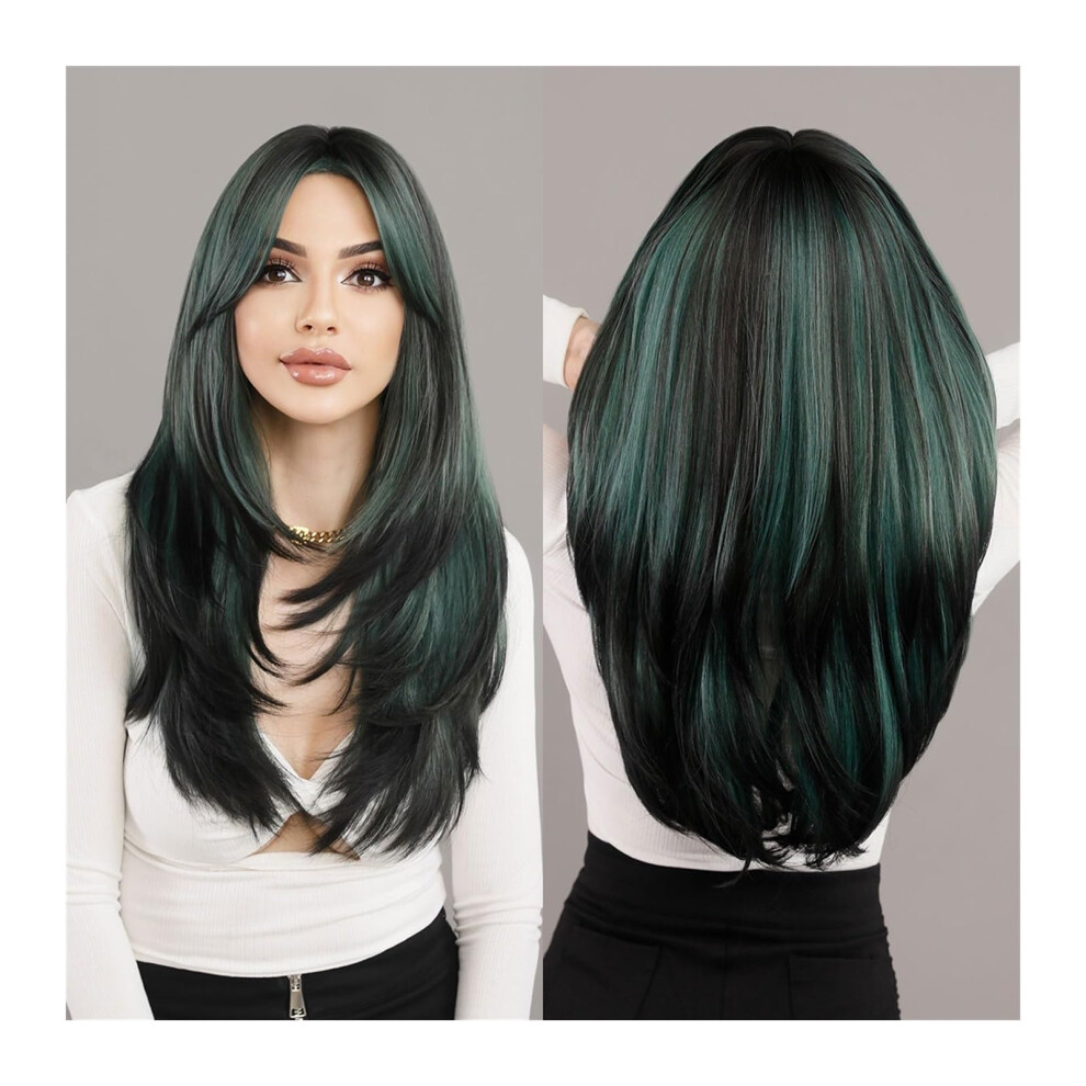 Synthetic Straight Wig with Bangs, Long Layered Ombre Green Highlight, Heat Resistant for Women