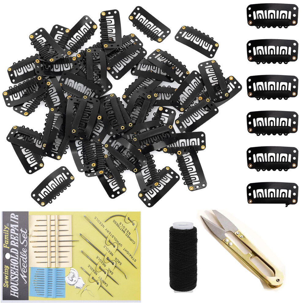 Unisex Black Wig Clips For Hair Extensions 32Mm Ushape Snap Comb Secure Grip Needles Thread Scissors Set