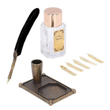 Luxury Gold Feather Pen Set with Ink Bottle & Flat Nibs for Calligraphy
