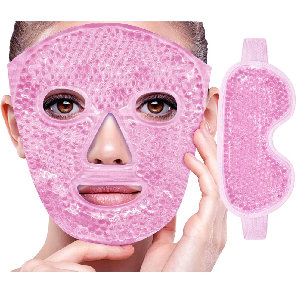 Dark/Pink Cold Face Mask And Gel Eye Mask For Puffiness, Circles, Hot And Cold Therapy, Reusable Set