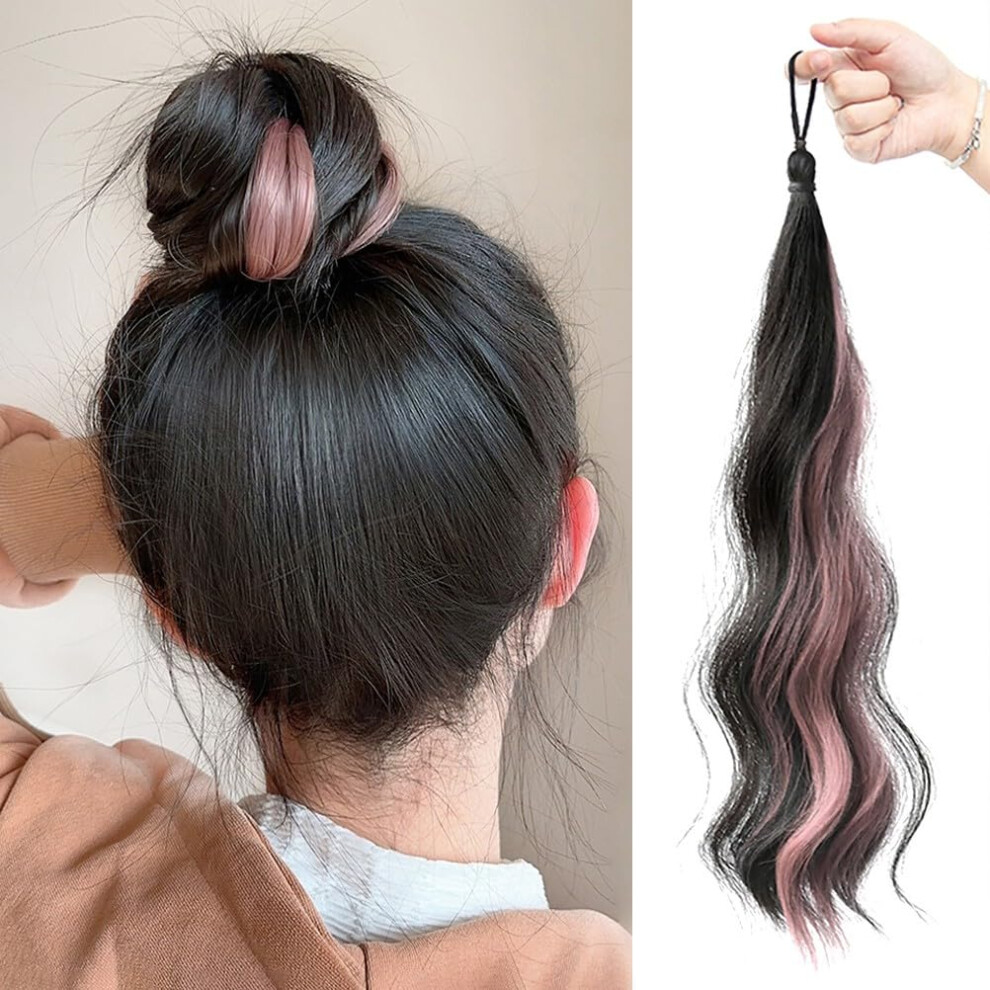 Ponytail Bun Hairpiece Brown Highlight Grey Messy Bun Extension Heat Resistant with Elastic Band