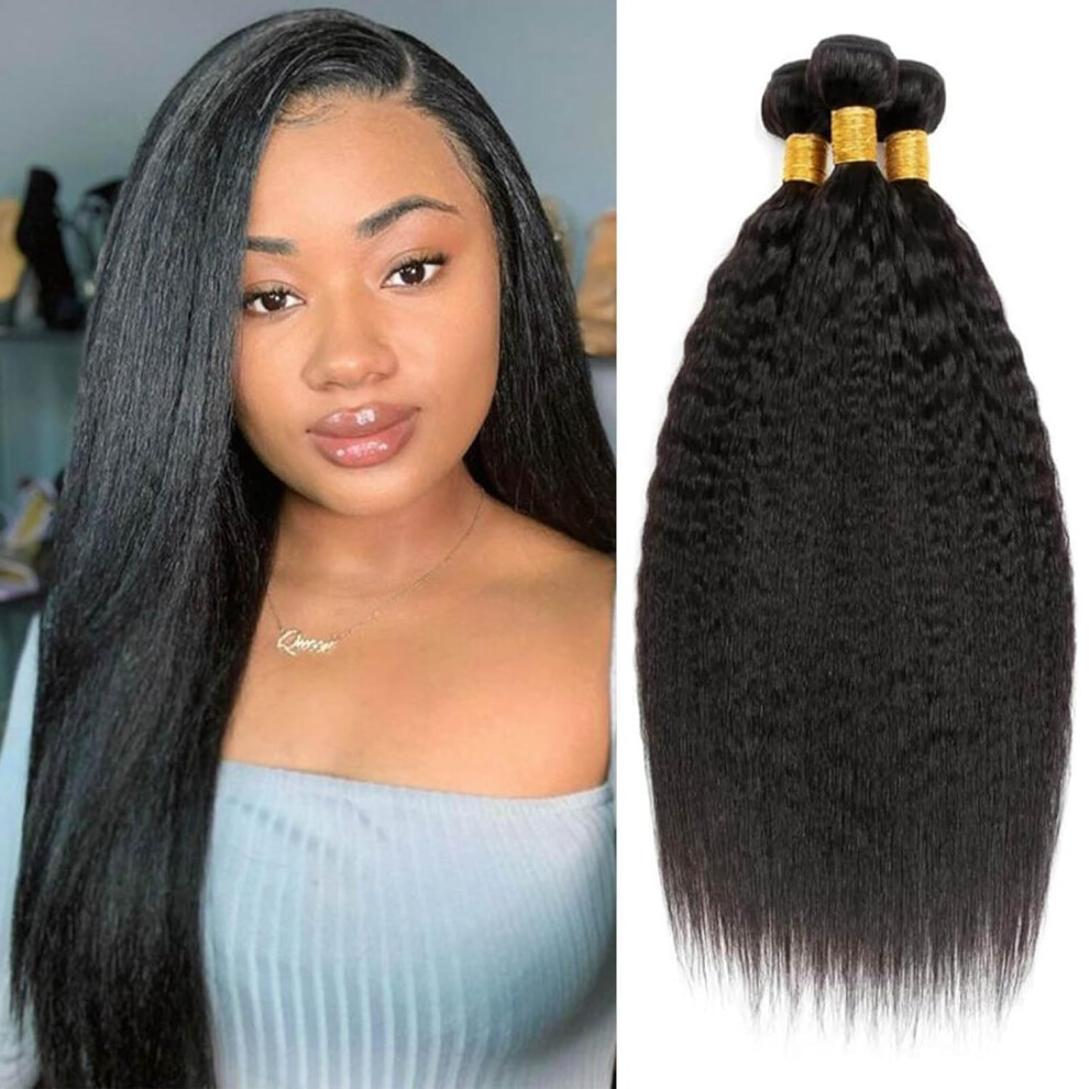 Unisex Black Kinky Yaki Wave Human Hair Bundles Brazilian Virgin Hair Natural Extensions Quick Weave 10 12 14