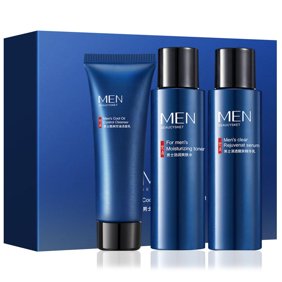 Men's Facial Skin Care Kit Hydrating Cleanser Toner Moisturizer Set for Dry Skin and Wrinkles
