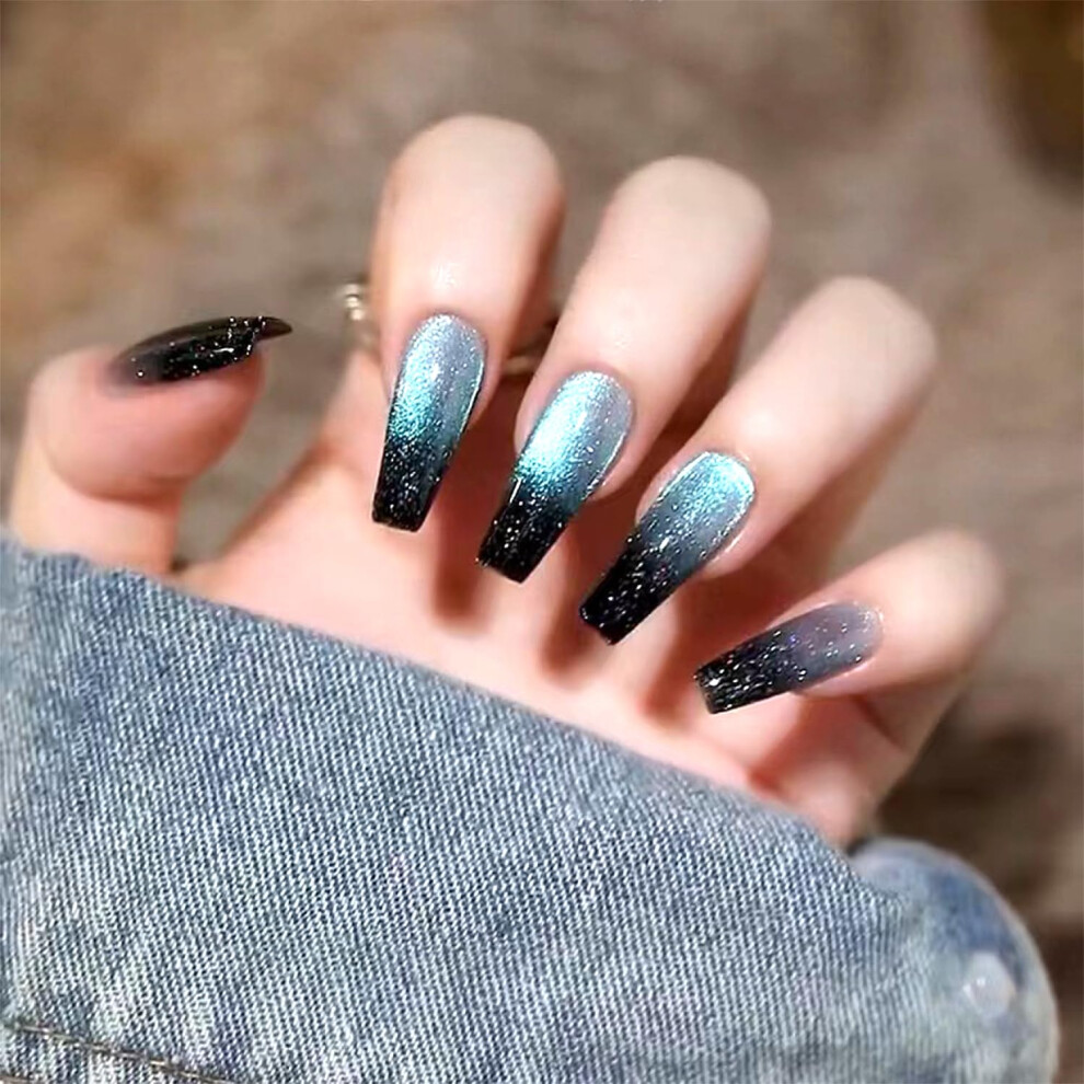 Blue,Black Long Coffin Press On Nails Blue Black Cat Eye Gradient Glossy Fake Nails For Women 24Pcs
