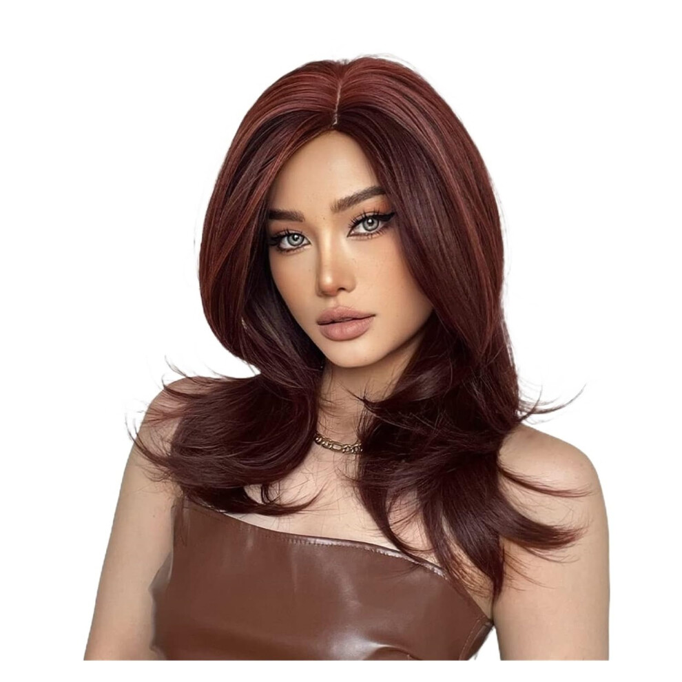 Unisex Red Women's Wigs Wine Straight Synthetic Wig With Side Bangs, Heat Resistant Laye Medium Length