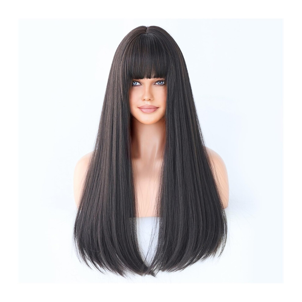 Wigs for Women Long Straight Ombre Black Grey Wig with Bangs Heat Resistant Synthetic Hair
