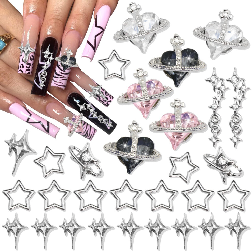 Silver 30Pcs Y2k Saturn Planet Nail Charms 3D Rhinestone Alloy Nail Art Decorations For Manicure