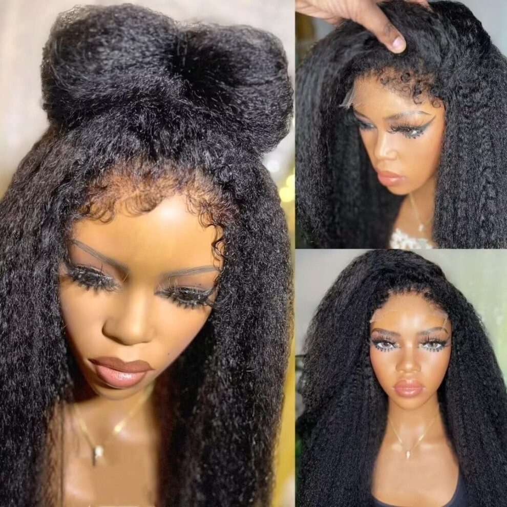 Unisex Black Kinky Straight Lace Front Wig 13X4 Hd Invisible Brazilian Human Hair Glueless Natural Hairline