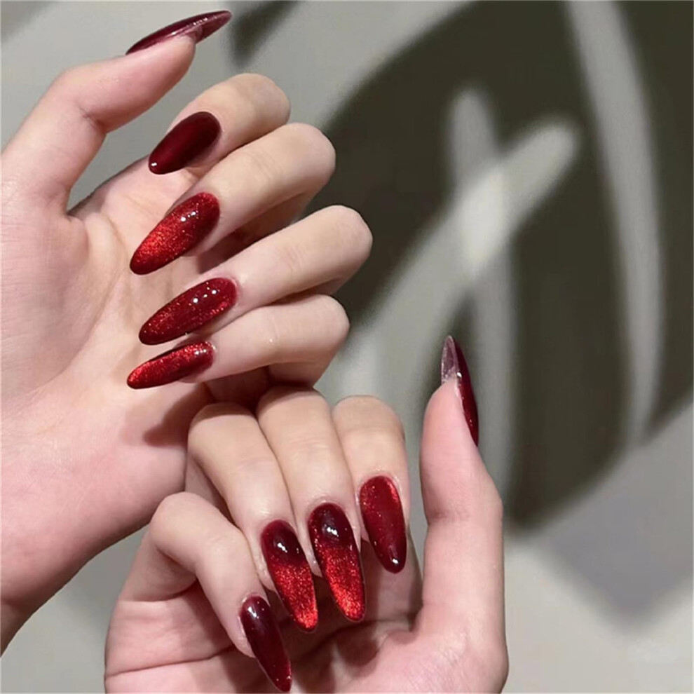 Red Short Almond Press On Nails Cat's Eye Fake Nails 24Pcs Full Cover Ready To Wear Manicure