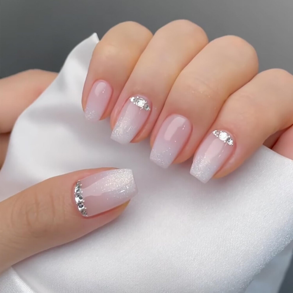 Medium Coffin Press On Nails with Rhinestones Pink Glitter Fake Nails Kit for Women Girls