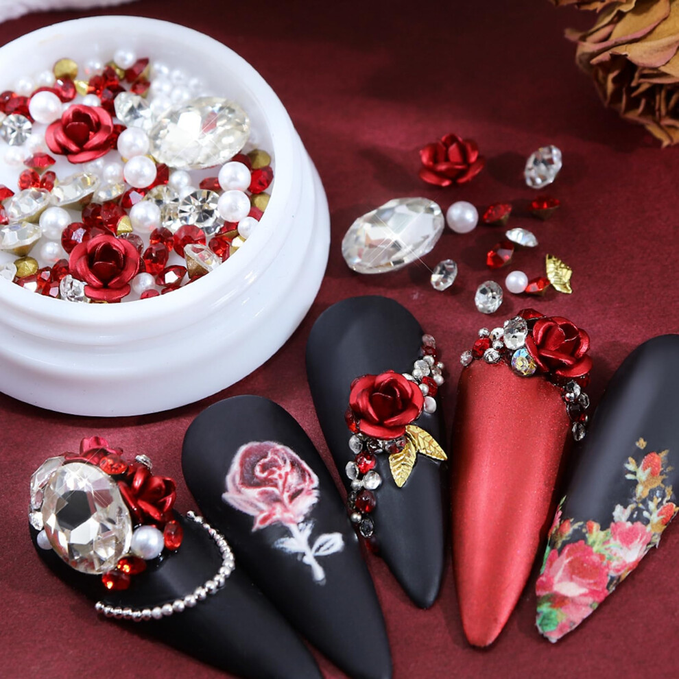 Red 3D Rose Nail Art Charms With Pearls And Rhinestones For Valentine And Bridal Nails