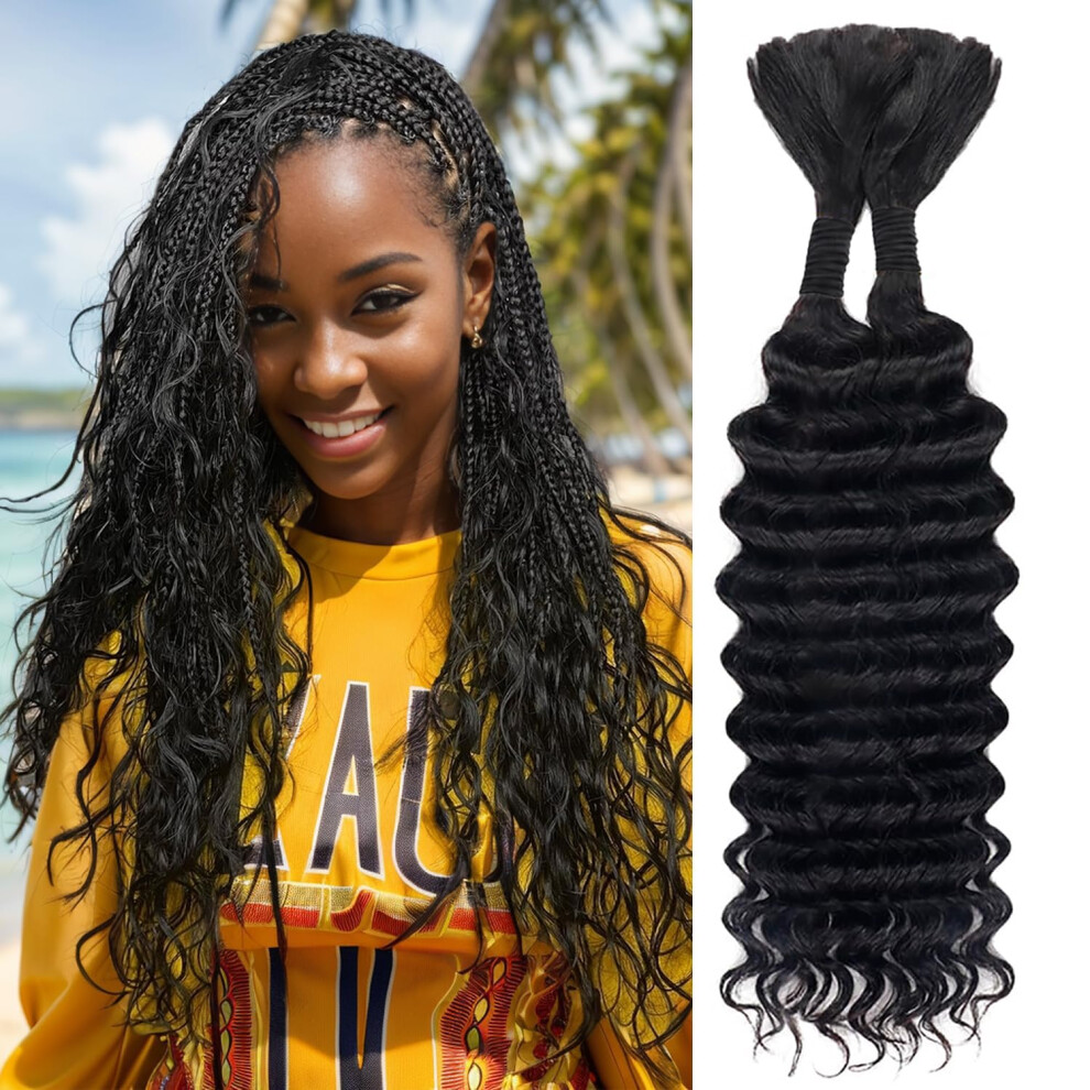 Human Hair Braiding Hair Deep Wave 20 Inch Bulk Extensions for Boho Knotless Braids 2 Bundles