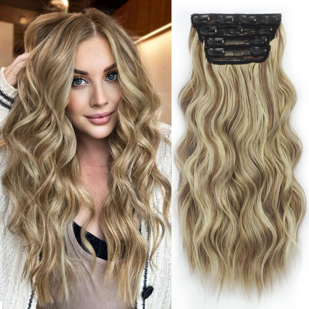 Unisex Brown Clip In Long Wavy Synthetic Hair Extensions 24 Inch Medium Ash Blonde Thick Double Weft