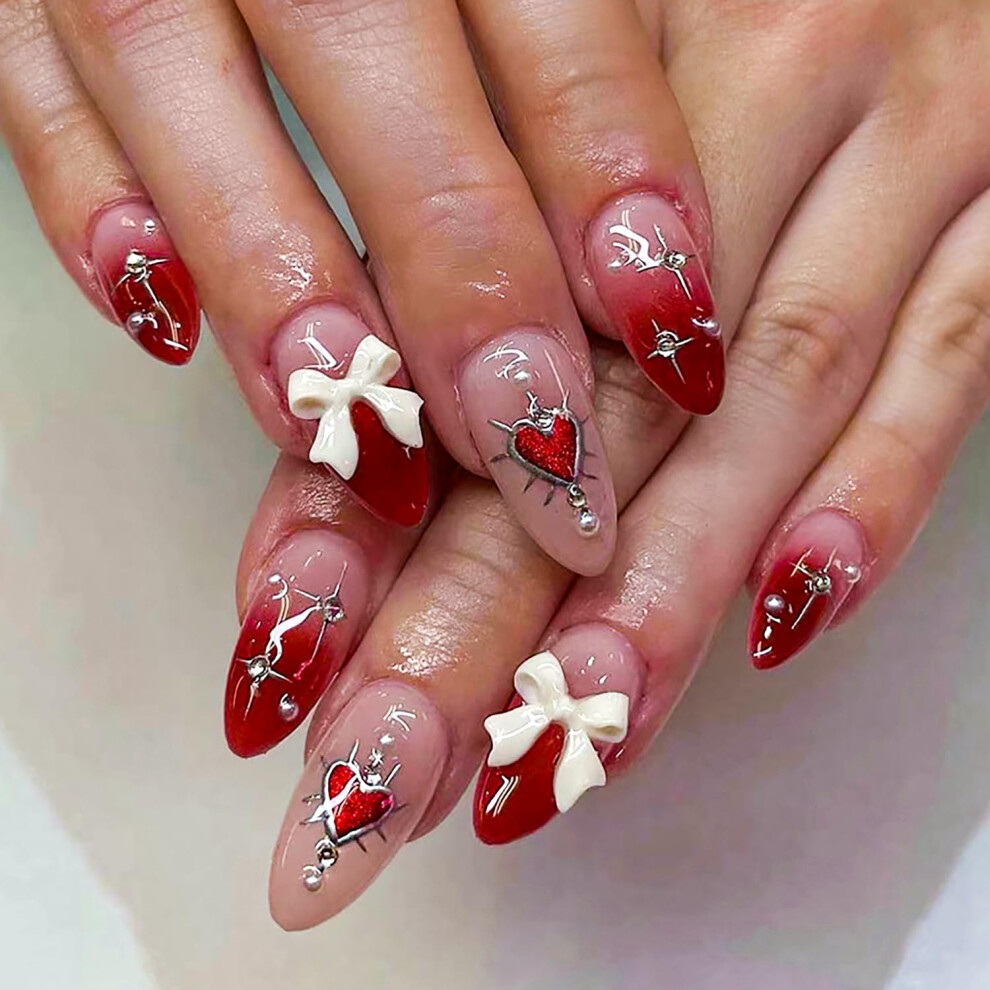 Press on Nails Almond Medium Fake Nails with 3D Bow and Rhinestones for Valentine's Day