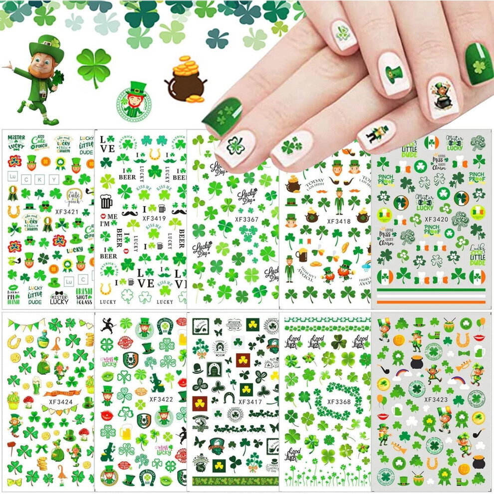 St. Patrick's Day Nail Stickers 10 Sheets Shamrock Clover Decals for Acrylic UV Gel Nails