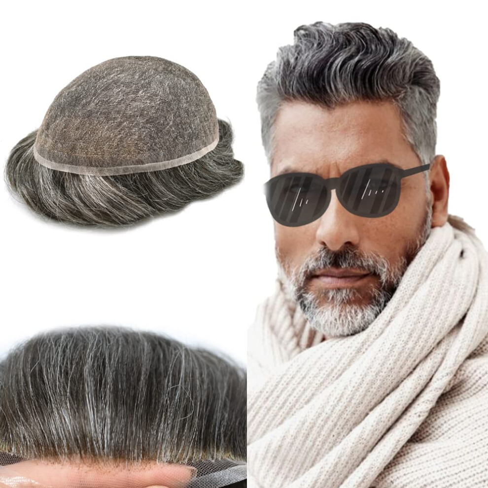 Unisex Brown,Grey Men's Hair Toupee Swiss Lace Virgin Human Hairpiece With Invisible Hairline 7X9 Dark Brown Grey