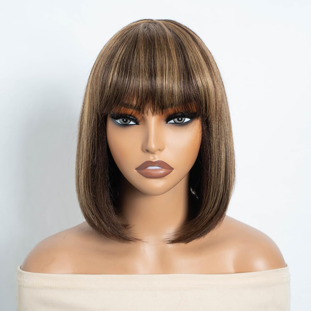 Unisex Black 10 Inch Human Hair Bob Wig With Bangs Ombre Highlight Light Yaki Straight Readytowear For Women