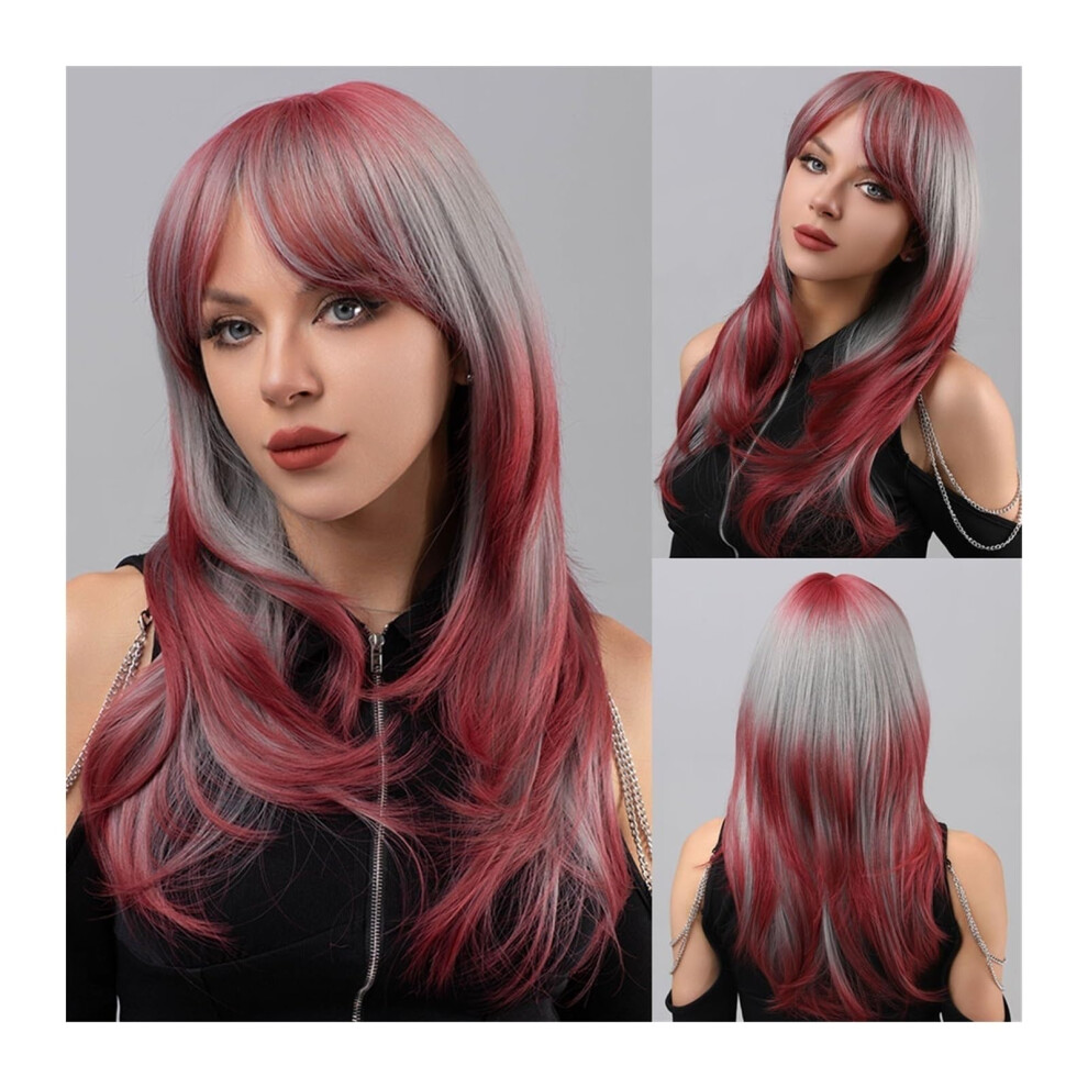 Unisex Red Wigs For Women Long Straight Synthetic Wig With Bangs Gradient Gray Burgundy 150 Density