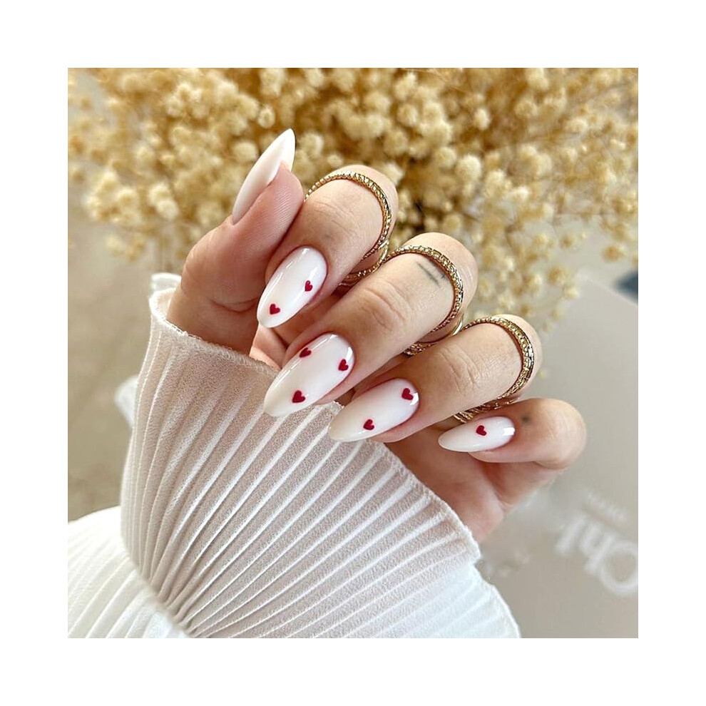 Red Medium Coffin Press On Nails With Hearts Valentine Glossy Fake Nails For Women