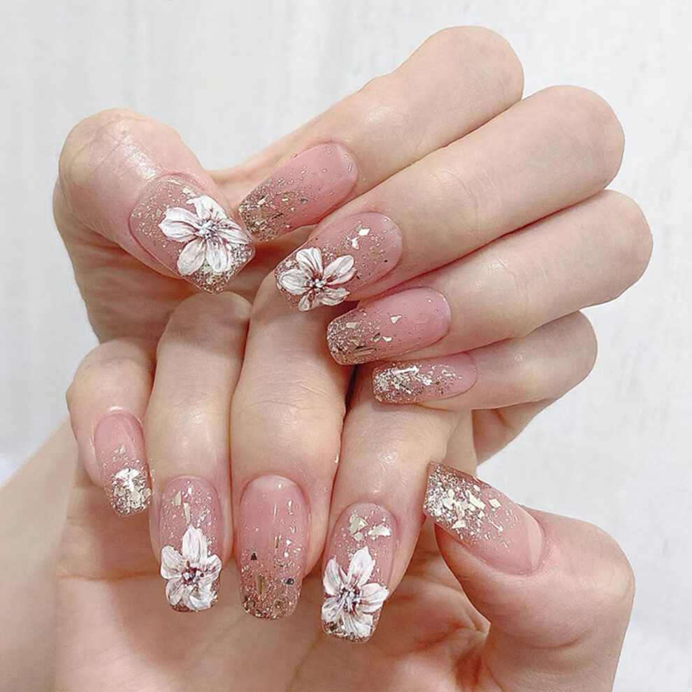 White,Cream Long Coffin Press On Nails With Glue Nude Glitter Ballerina False Nails With White Flower Design 24Pcs