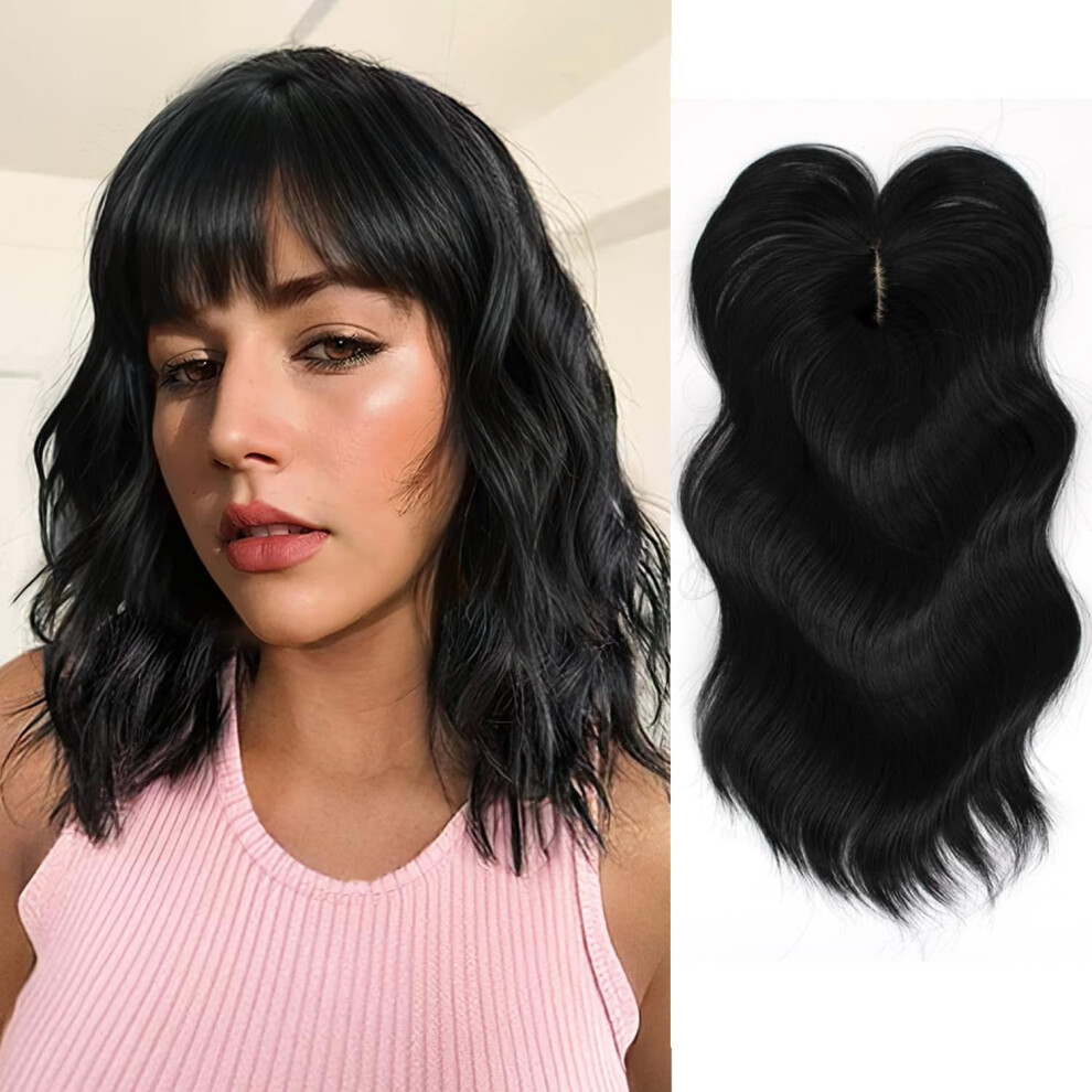 Unisex Black Hair Topper For Women With Thinning Hair, Long Wavy Curly Clip In Hairpiece With Curtain Bangs, 14 Inch