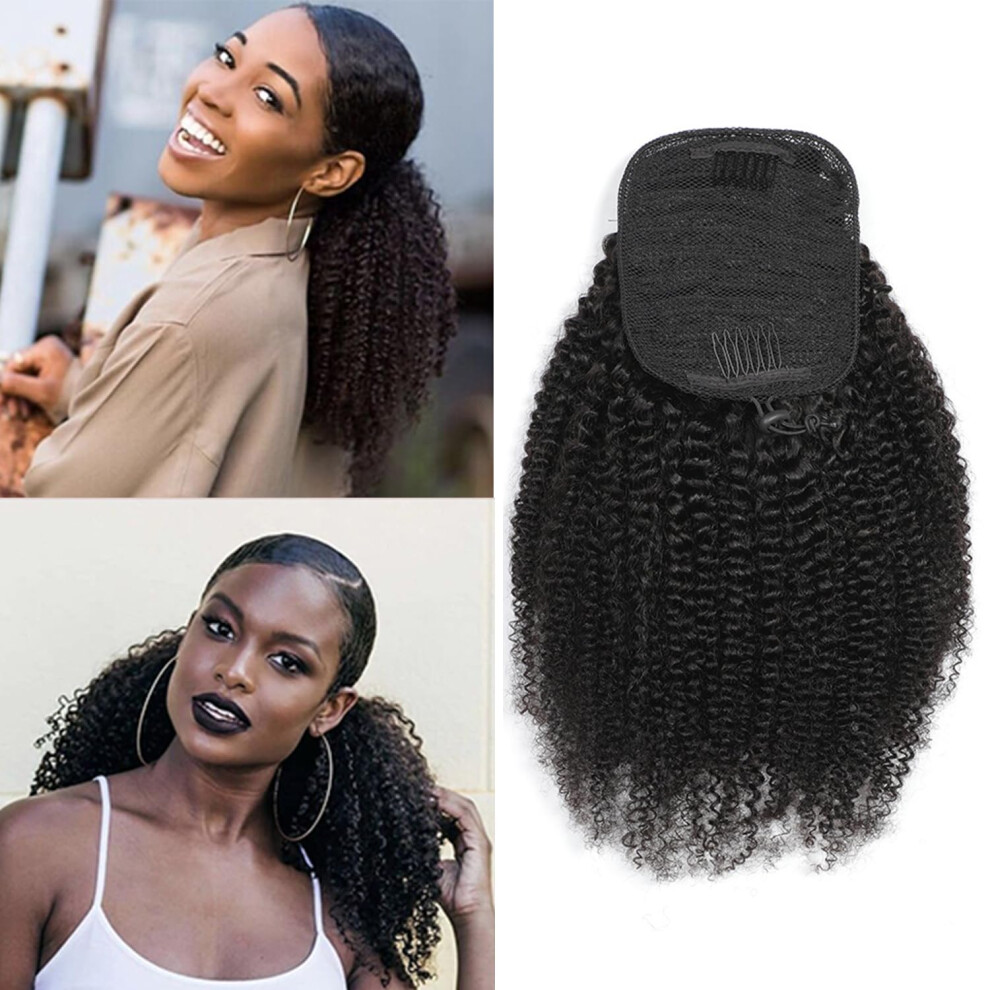 Unisex Black Human Hair Ponytail Extension Afro Kinky Curly Drawstring Real Hair For Women Instant Volume