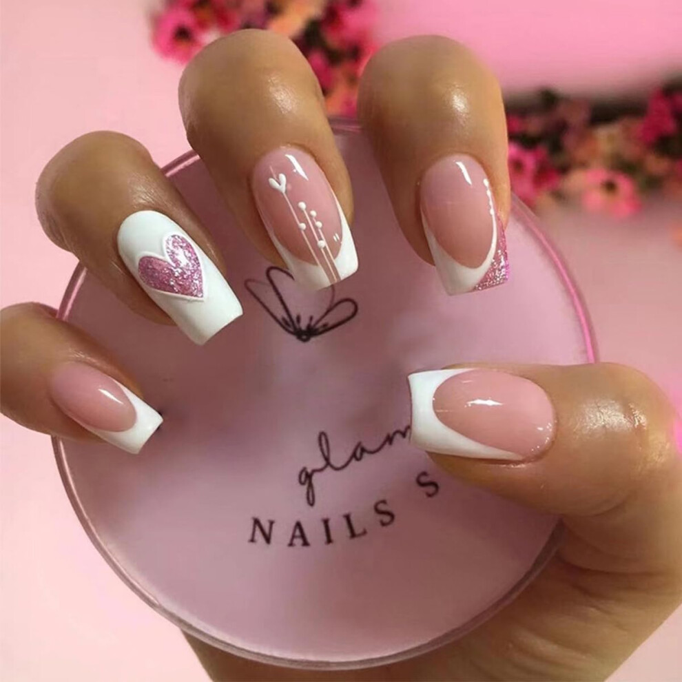 White,Cream Valentine Press On Nails With Romantic Heart Design, French Tip Glitter, Nude White, 24Pcs Set