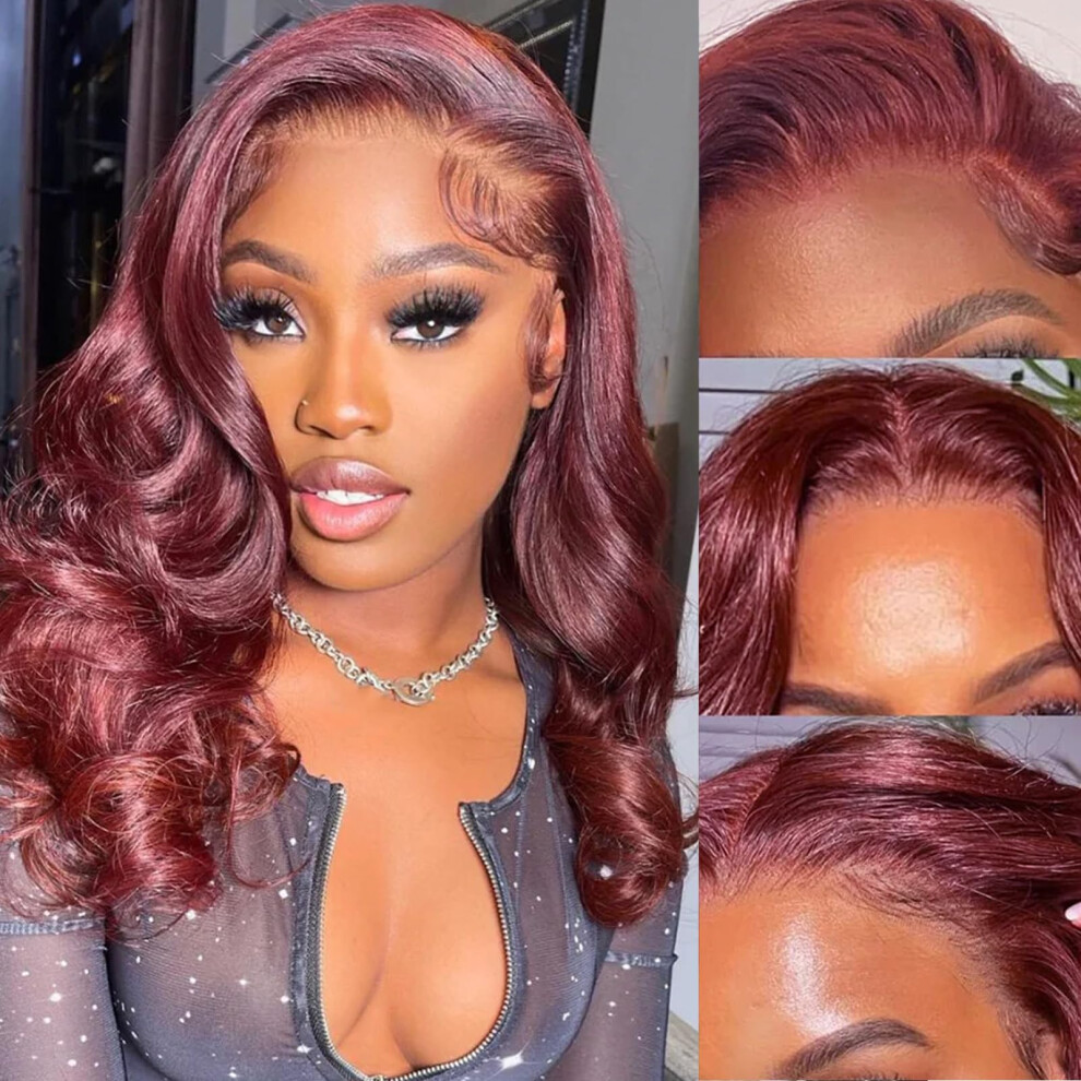 Unisex Red Burgundy Lace Front Bob Wig Body Wave Synthetic 4X4 Pre Plucked Glueless Natural Hairline For Women