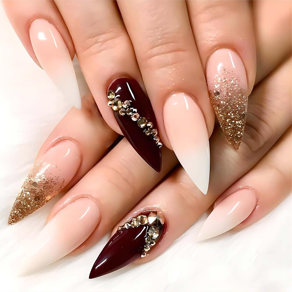 Almond French Press on Nails Set with Rhinestones, Glossy Acrylic Fake Nails, Reusable Manicure Kit
