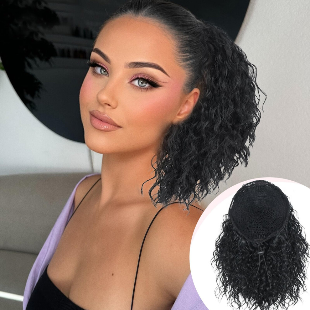 Unisex Black 12 Inch Curly Drawstring Ponytail Extension For Women Synthetic Loose Wave Hairpiece 1B