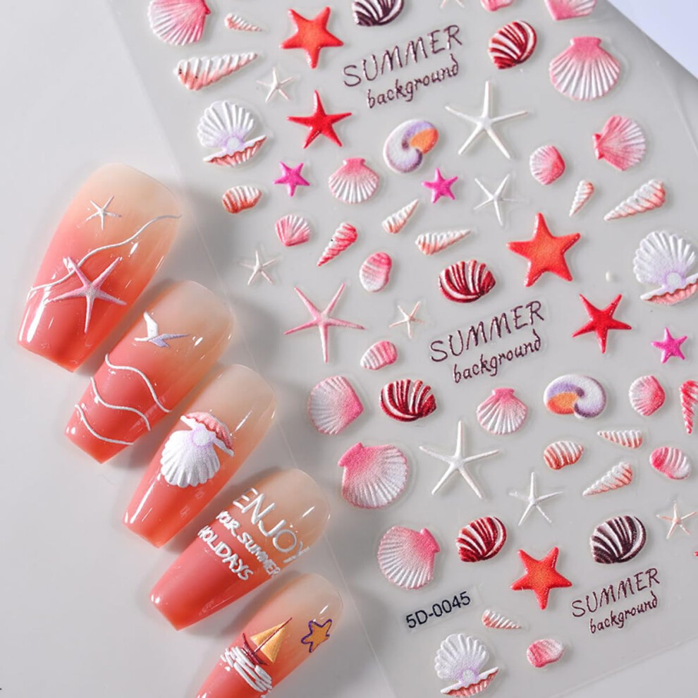 Summer Ocean Nail Art Stickers 5D Embossed Starfish Seashell Decals SelfAdhesive 4PCS
