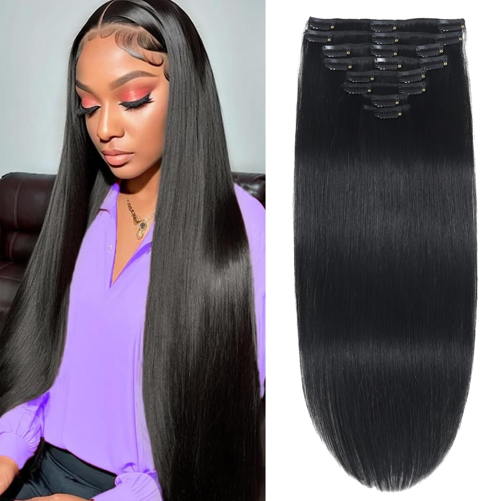 Clip In Hair Extensions 22 Inch Jet Black Human Hair, Double Weft Seamless Invisible Secure Clips